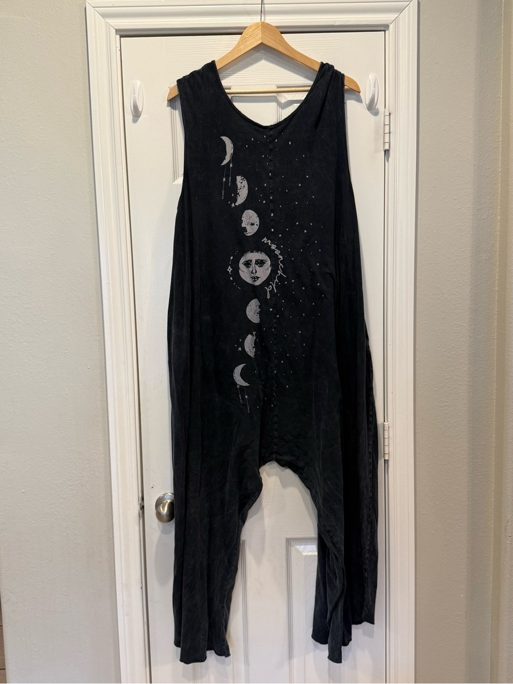 Kantha Bae Jumpsuit Grey Moon Child Moon Faces Wide Leg Pockets  Artsy One Size
